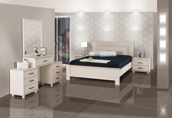 חדר שינה קומפלט דגם ברלין מעוצב הכולל : מיטה זוגית  140/190, 2 שידות , קומודה , ומראה .