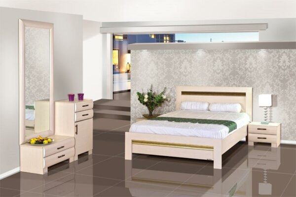 חדר שינה קומפלט דגם דיווה מעוצב הכולל : מיטה זוגית  140/190, 2 שידות , קומודה , ומראה .