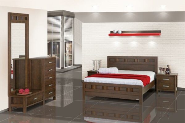 חדר שינה קומפלט דגם יוקה מעוצב הכולל : מיטה זוגית 140/190 , 2 שידות , קומודה , ומראה .