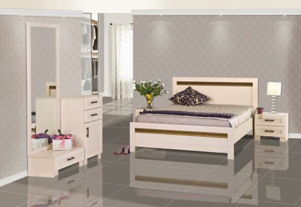 חדר שינה קומפלט דגם כריסטין מעוצב הכולל : מיטה זוגית  140/190, 2 שידות , קומודה , ומראה .