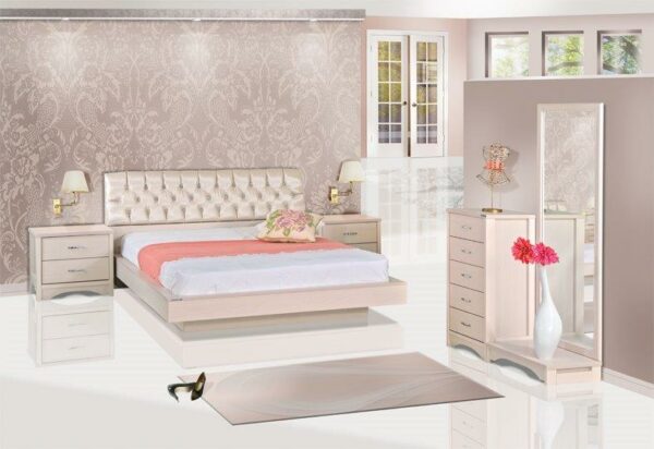 חדר שינה קומפלט מעוצב דגם סנדרה מרחף הכולל : מיטה זוגית 140/190 , 2 שידות , קומודה , ומראה .