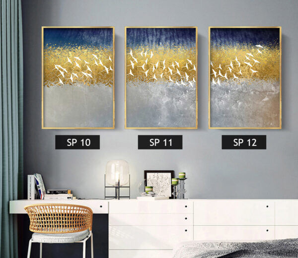 סט 3 תמונות קנבס עם ציפורים לבנים על רקע משולב עם משלל צבעים