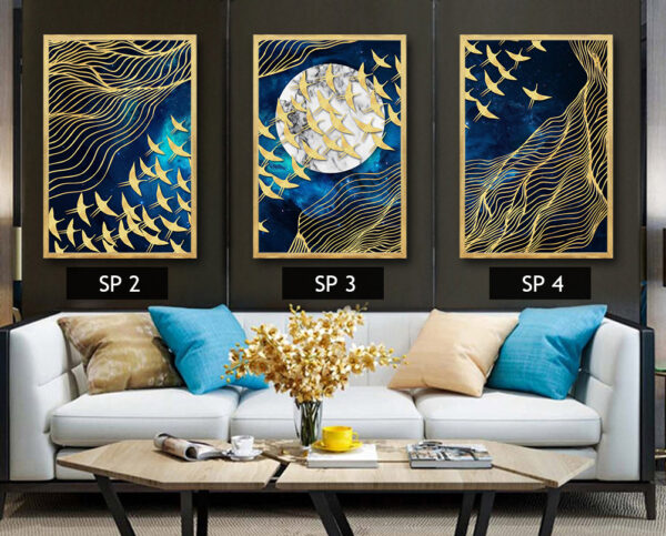 סט 3 תמונות קנבס עם ציפורים מזהב בגלקסיה