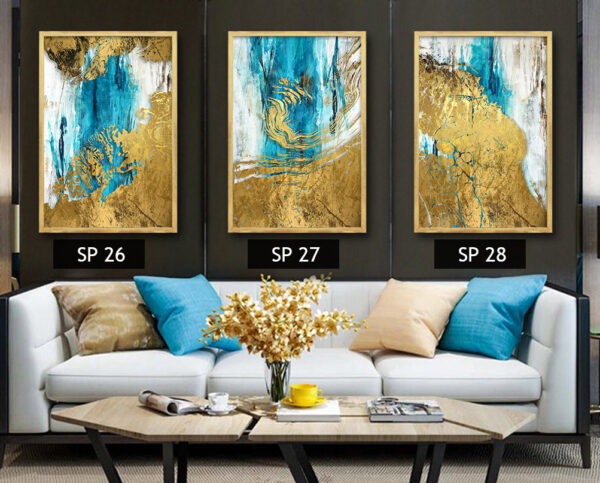 סט 3 תמונות קנבס שילוב של כחול, לבן וזהב