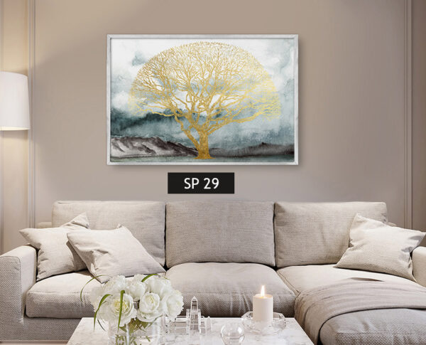 תמונת קנבס עץ מזהב על רקע של הרים