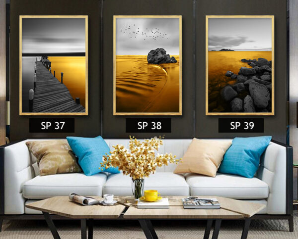 סט 3 תמונות קנבס עם ים מזהב ורקע אפור