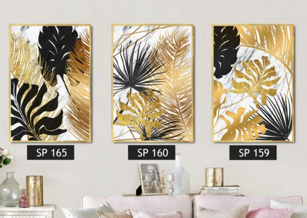 סט 3 תמונות קנבס עלים בצעים זהב/שחור