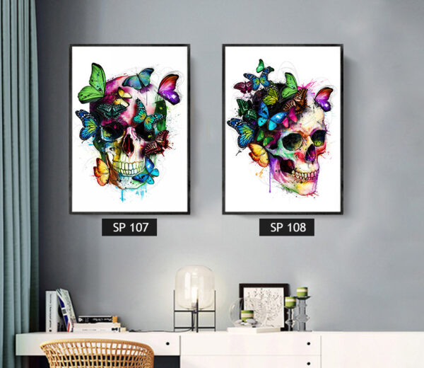 סט 2 תמונות קנבס גולגולת עם פרפרים בכל מיני צבעים