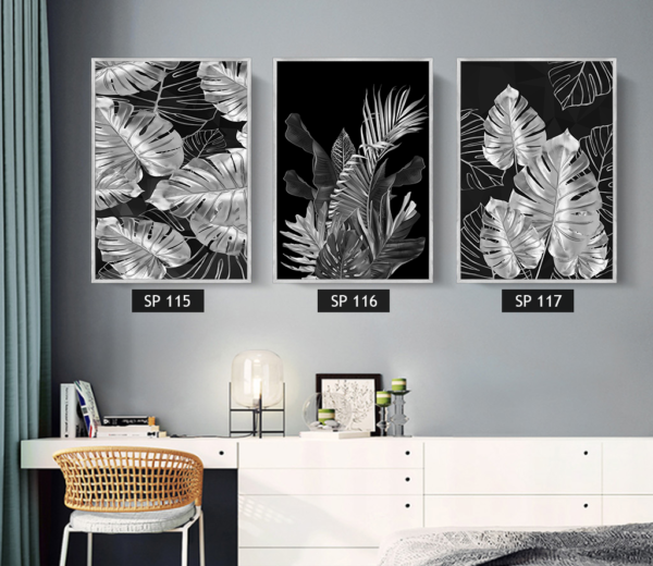 סט 3 תמונות קנבס עלים כסופים על קרע שחור
