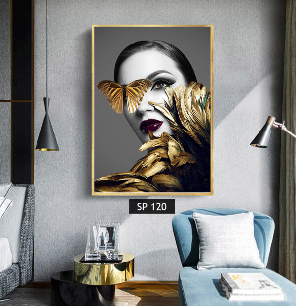 תמונת קנבס אישה עם עלים ופרפר מזהב SP 120