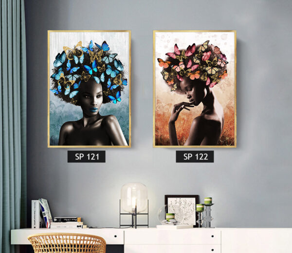 סט 2 תמונות קנבס אישה עם פרפרים על הראש