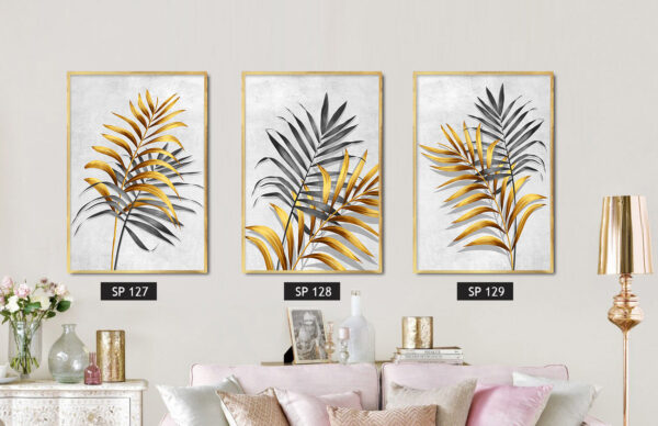 סט 3 תמונות קנבס עלים בצבעים זהב ואפור
