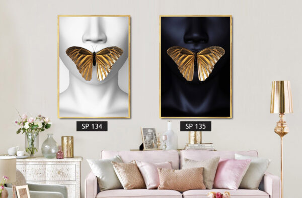 סט 2 תמונות קנבס פרפר מזהב על הפה