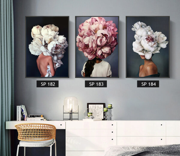 סט 3 תמונות קנבס אישה עם פרחים/עלים על הראש