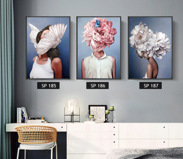 סט 3 תמונות קנבס אישה עם פרחים/עלים על הראש
