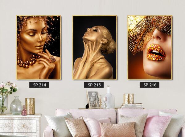 סט 3 תמונות קנבס אישה מזהב על רקע שחור