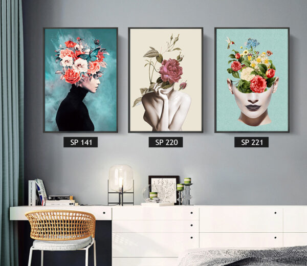 סט 3 תמונות קנבס אישה עם פרחים בראש