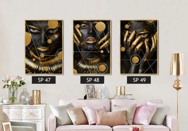 סט 3 תמונות קנבס אישה בצבעים שחור וזהב