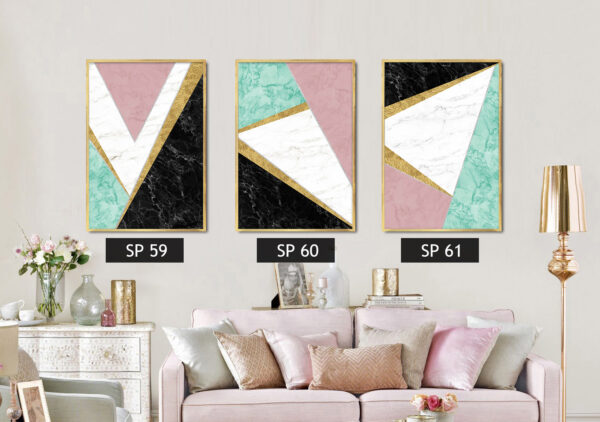 סט 3 תמונות קנבס של צורות בצבעים טורקיז, לבן, שחור, ורוד