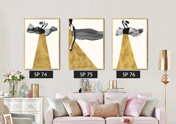 סט 3 תמונות קנבס אישה עם שמלה