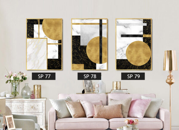 סט 3 תמונות של צורות בצבעים שחור, זהב, לבן, אפור