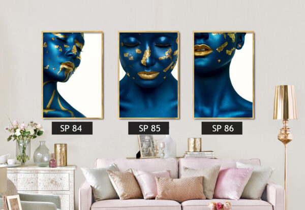 סט 3 תמונות אישה כחולה עם נגיעות זהב