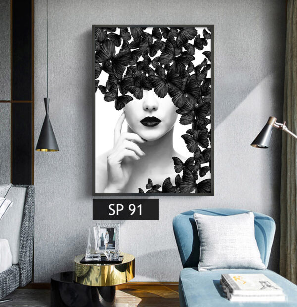 תמונת קנבס אישה עם פרפרים בשחור לבן SP 91