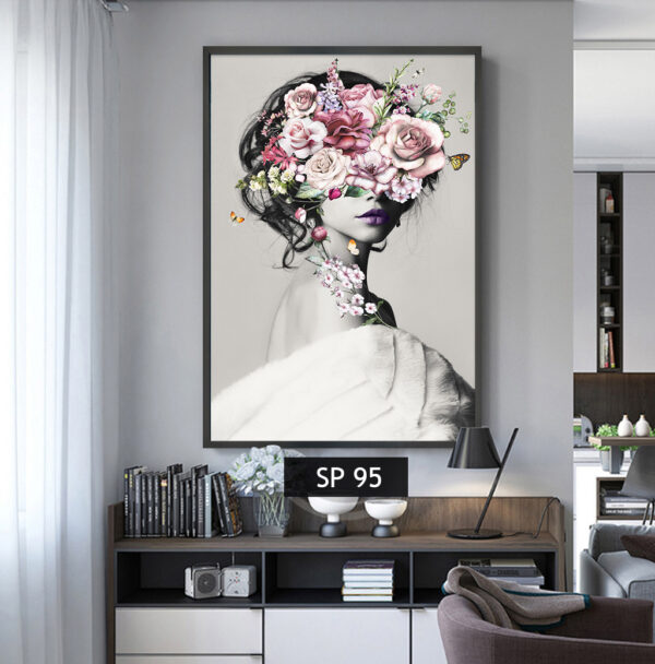 תמונת קנבס אישה בשחור לבן עם פרחים ורודים SP 95