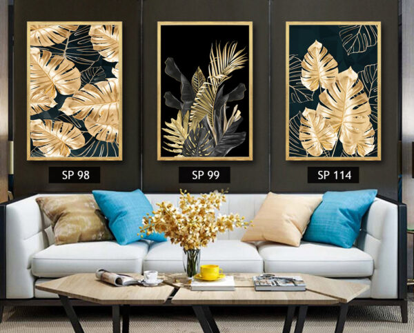 סט 3 תמונות קנבס עלים בצבע זהב על רקע שחור