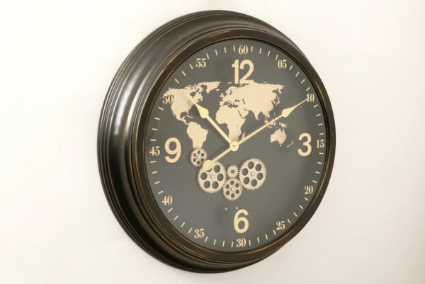 שעון קיר גלובוס בצבע שחור זהב במידות 63.5X63.5X11