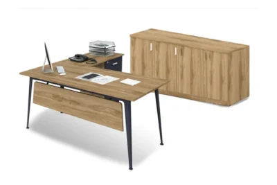 סט שולחן משרדי דגם אלון + כוננית 4 דלתות גוון עץ כהה