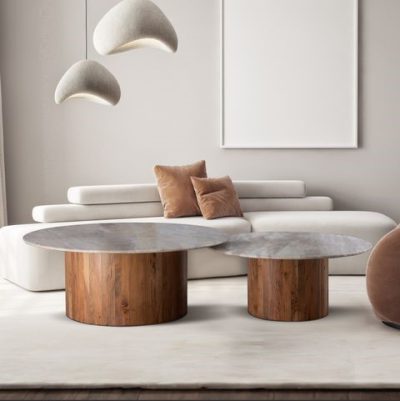 סט 2 שולחנות שיש עם בסיס עגול