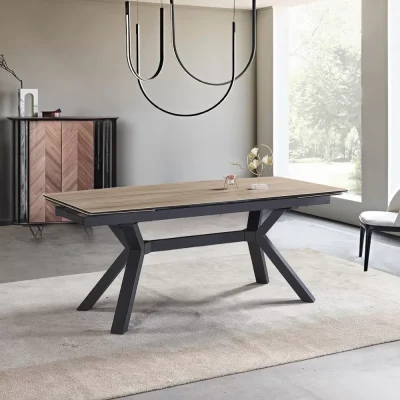 שולחן אוכל קרמיקה+זכוכית מחוסמת באורך 1.6 מ’ נפתח ל- 2.4 מ’ עם רגלי ברזל דגם פלורידה 160